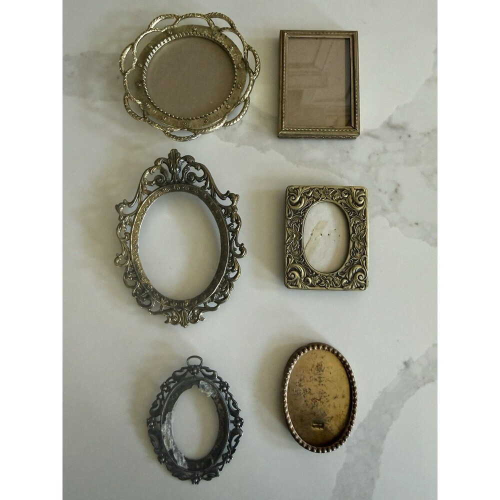 6 Vintage Miniature Brass Metal Frame Ornate